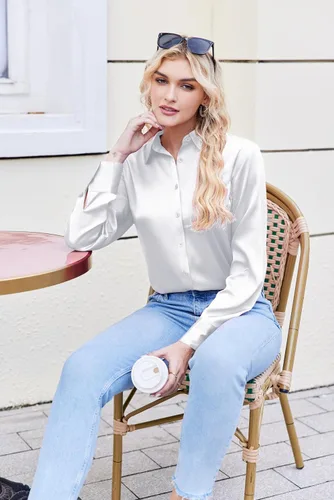 Vista 7 de Zeagoo Blusas de satén para mujer, camisas de seda con botones de manga larga, blusas casuales de negocios