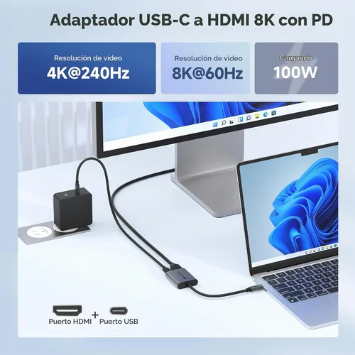 Vista 2 de Cable Matters Adaptador USB C a HDMI 2.1 de 48 Gbps con carga de 100 W