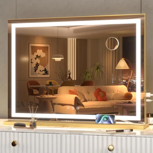 Vista 13 de Hasipu Espejo de tocador con luces, espejo LED de maquillaje de 31.5 x 22 pulgadas, espejo de maquillaje iluminado con 3 modos regulables, espejo