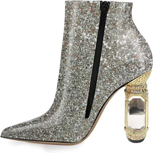 Vista 10 de FSJ Botas de tacón alto con punta puntiaguda para mujer, con tacón alto, con cremallera lateral brillante, estilo casual, para uso diario, zapatos