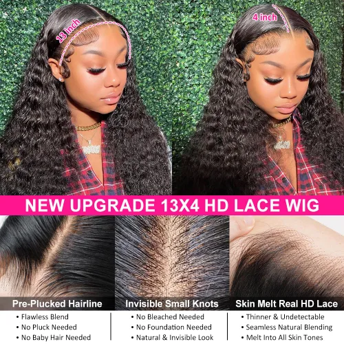 Vista 3 de Pizazz - Pelucas de cabello humano ondulado profundo con encaje frontal de 13 x 4, nudos blanqueados previamente despuntados Pelucas de cabello