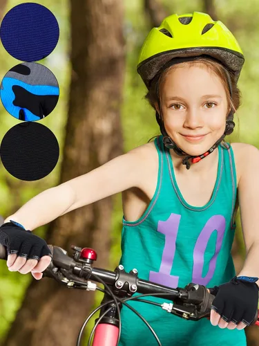 Vista 2 de Boao 3 pares de guantes de medio dedo para niños guantes de deporte antideslizantes de gel para niños Ciclismo de montar en bicicleta azul gris
