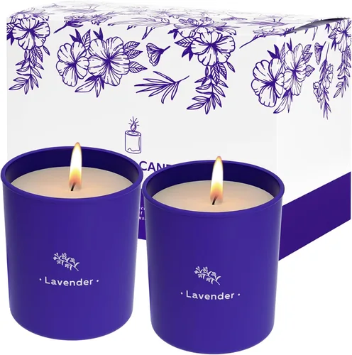 Vista 7 de Velas aromáticas de lavanda para el hogar, velas perfumadas de 8 onzas, cera en tarro morado, hechas con soja para mujeres, 45 horas de combustión
