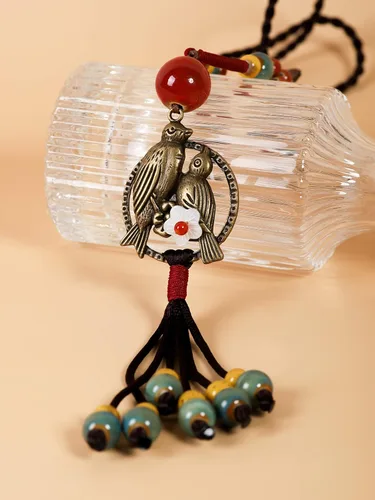 Vista 4 de Collar de cuentas de cerámica coloridas de flores bohemias, joyería con cuentas tricolor, regalos para mujeres