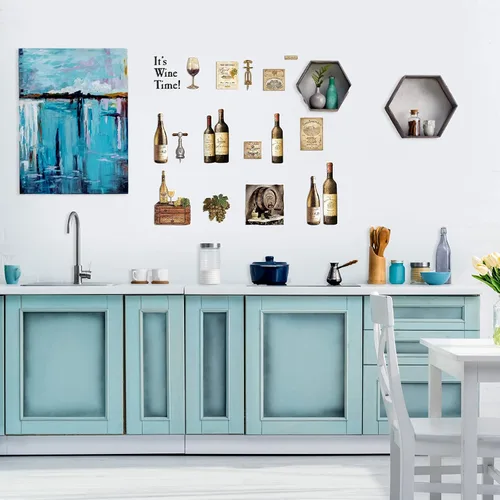 Vista 6 de 8 hojas de calcomanías de pared para botella de vino, calcomanías de pared de frutas de uva, decoración de cocina, calcomanías de cata de vinos