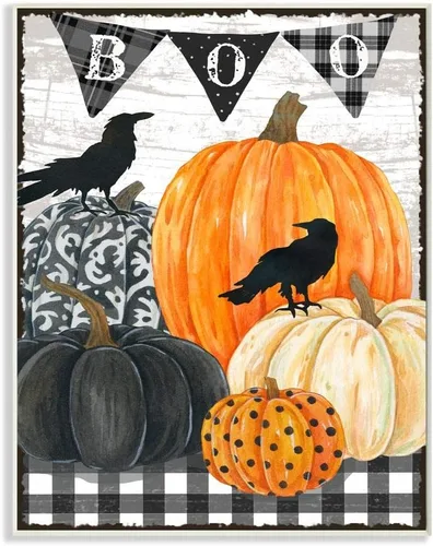 Vista 8 de Stupell Industries Fantástica escena de Halloween, mesa de granja, cuervos de calabaza, diseñado por Andrea Tachiera, arte de pared, 11 x 14, marco