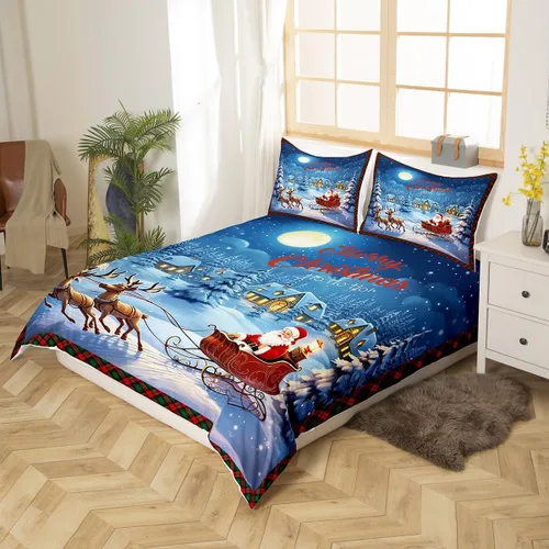 Vista 2 de Funda de edredón de Feliz Navidad para niños, jóvenes y adultos, juego de ropa de cama de Papá Noel de Navidad, diseño de copos de nieve, árbol
