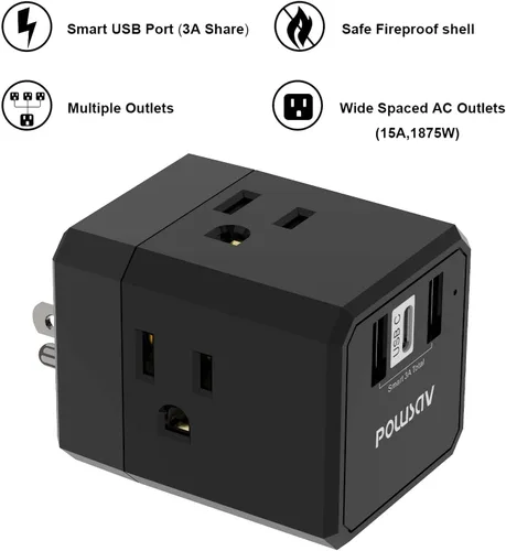 Vista 2 de Cruise Ship Essentials, divisor de salida de 3 lados con 3 puertos USB (1 USB C) cargador de pared USB, extensor de salida para el hogar, oficina