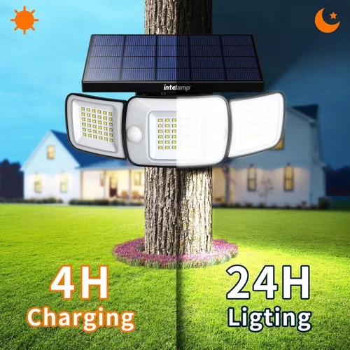 Vista 4 de intelamp Luz de inundación solar para exteriores, impermeable, 6000 mAh, 1200 lúmenes, luces Sesnsor de doble movimiento, detección de 180°, control