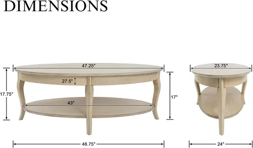 Vista 2 de Mesa auxiliar ovalada de 47 pulgadas, mesa auxiliar de 2 niveles con estante de almacenamiento, mesa central de madera maciza para sala de estar