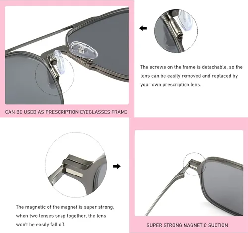 Vista 4 de 3 lentes de sol magnéticos con clip para hombres y mujeres, polarizados, protección UV, retro, cuadrados, para conducir por la noche