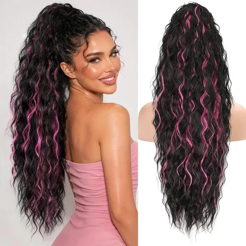 Vista 22 de KooKaStyle Extensión de cola de caballo con cordón de 26 pulgadas (66 cm) para mujeres, extensiones de cabello sintético rizado largo para uso