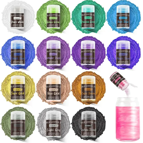 Vista 10 de Aheroi Set de purpurina comestible, 15 colores de polvo de lustre comestible, purpurina brillante para polvo de bebidas, purpurina para fondant