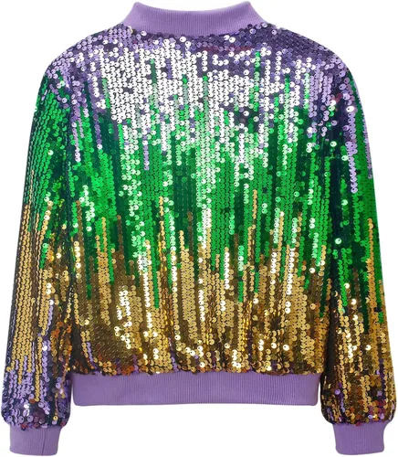 Vista 6 de WELAKEN Chaqueta bomber de lentejuelas ombré con bolsillos para niñas, ligera, brillante, manga larga, cremallera degradada, chaquetas para niños