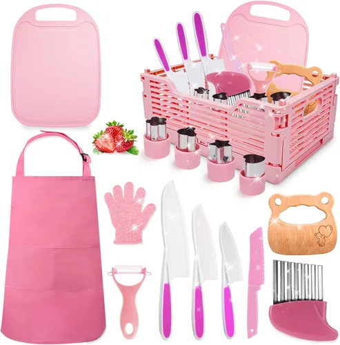Vista 9 de 9 piezas de juego de cuchillos seguros para niños para cocina real, juego de cuchillos de cocina para niños con tabla de cortar, cortador