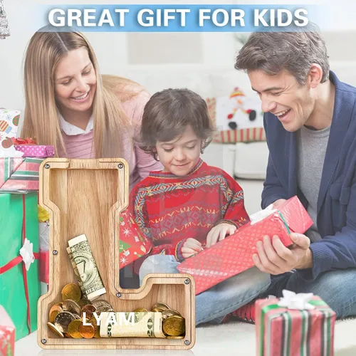 Vista 2 de callie Alcancía con inicial personalizada, regalo para niños, banco inicial con letras del alfabeto, banco interactivo de madera para ahorrar dinero