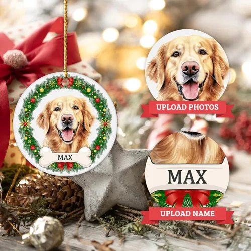 Vista 2 de Impreso en EE. UU. Adornos de Navidad personalizados con foto de perro, adorno de árbol de Navidad con nombre y foto de cachorro personalizados
