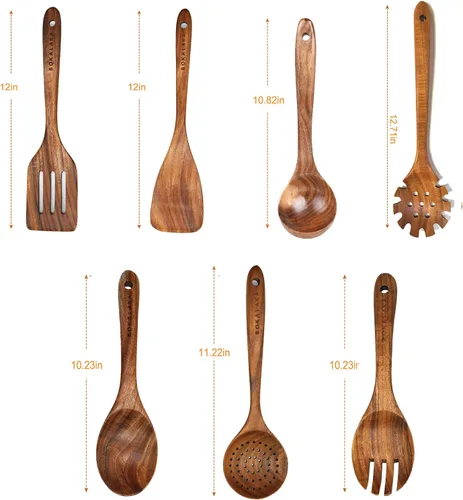 Vista 2 de Juego de utensilios de cocina de madera de teca, 7 piezas, utensilios de cocina de madera, incluye espátula