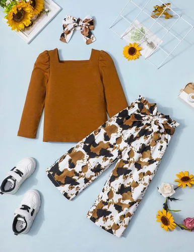 Vista 4 de Conjunto de 3 piezas de ropa para niña pequeña, cuello cuadrado, manga larga abombada, pantalones a rayas + diadema