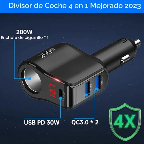 Vista 2 de Adaptador de cargador de coche PD USB C de 200 W: divisor de enchufe de encendedor de cigarrillos de 12 V Enchufe de CC de 12 voltios Toma