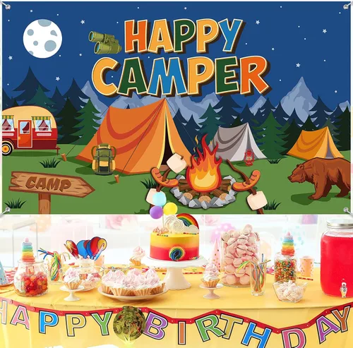 Vista 4 de Tatuo Telón de fondo de campamento Happy Camper - Fondo de fotos para colgar en la pared para niños, niños, adolescentes, suministros de fiesta