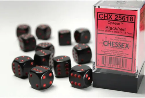 Vista 2 de Chessex DND - Juego de dados poliédricos de plástico opaco de 0.63 pulgadas, color negro y rojo, Dungeons and Dragons, incluye 12 dados – D6
