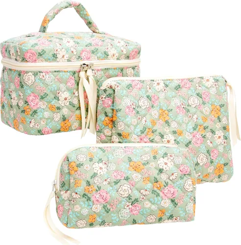 Vista 10 de PAZIMIIK - Bolsa de maquillaje de algodón para mujer, grande, acolchada para viaje, Rosa (Bow Pink), Vintage
