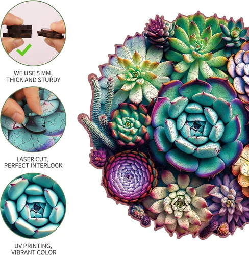 Vista 35 de Mys Aurora Rompecabezas de madera de cactus para adultos, 200 piezas Flor de cactus