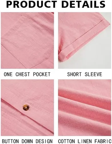 Vista 5 de Bbalizko Mens Short Sleeve Button Up Shirts Linen Cotton Beach Tops Spread Collar Plain Summer T Shirt with Pocket
