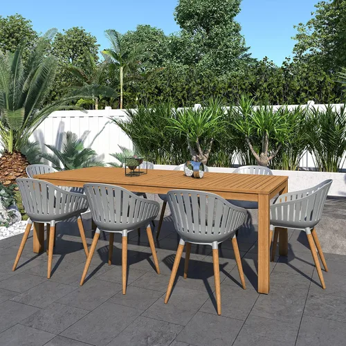 Vista 9 de Brampton Patio Brampton Venice - Juego de comedor rectangular de 7 piezas, acabado de teca oscura y sillas grises, ideal para patio y exteriores