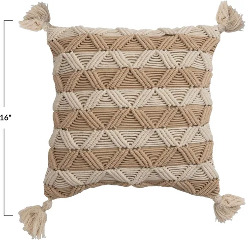 Vista 3 de Bloomingville Bloomingville - Almohada de macramé de algodón tejida a mano con rayas y borlas, color marrón y crema