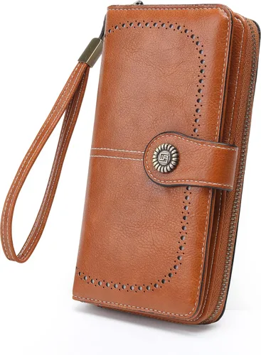 Vista 7 de Billetera de cuero para mujer, de gran capacidad, con cremallera, cartera con cremallera para mujer 1-negro