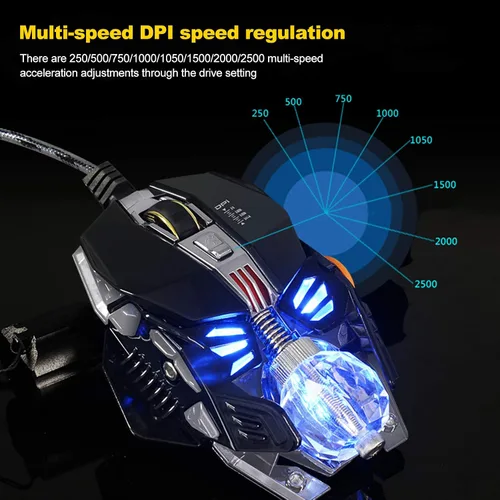 Vista 8 de Diyeeni Gaming Mouse, 8key Ergonomic Mouse, Cool 4color Synchronized Breathing, 1000-1500-2000-2500 Freely Adjustable DPI (USB)