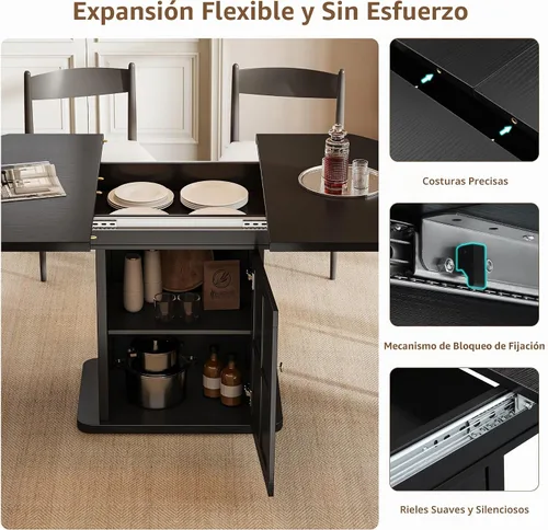 Vista 5 de iPormis Mesa de Comedor Redonda Extensible para 4-6, Mesa de Cocina Moderna de 59'', con Estante de Almacenamiento de 2 Niveles, Puerta de Madera