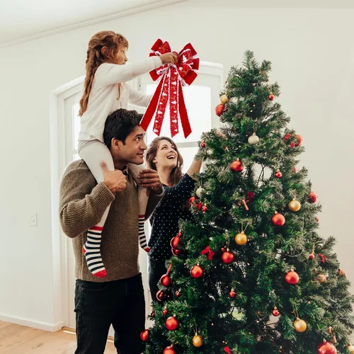 Vista 3 de Riceshoot 6 lazos grandes de Navidad para exteriores, 26 x 12 pulgadas, adorno para árbol de Navidad, lazo de terciopelo rojo con purpurina