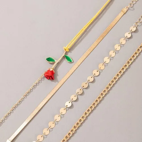 Vista 5 de Juego de 4 pulseras de cadena de eslabones de oro para mujer, pulsera pequeña con dije de corazón de amor para niñas, cadena básica, joyería