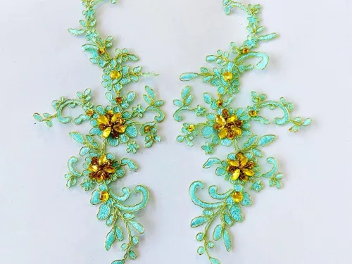 Vista 23 de Parches de tela de encaje fino bordados con diamantes de imitación bordados, decoración de vestido para coser en lentejuelas cuentas, accesorio