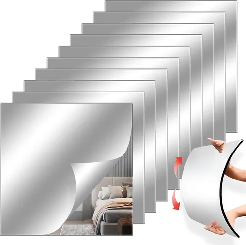 Vista 9 de Hojas de espejo flexibles de acrílico de 8 x 6 pulgadas, paquete de 10 azulejos de espejo autoadhesivos cuadrados cortables para pared, calcomanías