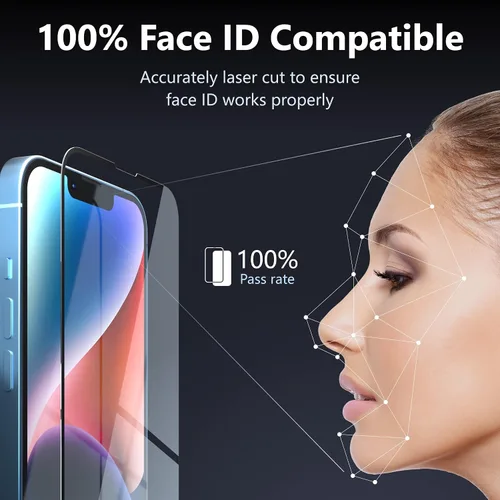 Vista 6 de MANTO Paquete de 2 protectores de pantalla para iPhone 14 Plus (6.7 pulgadas) con 2 protectores de lente de cámara, cobertura completa, HD