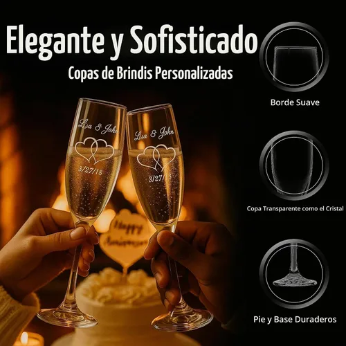 Vista 2 de GIFTS INFINITY® Juego de 2 copas de champán grabadas para boda con corazón de Infinity, copas personalizadas para brindis - Regalo para el Día