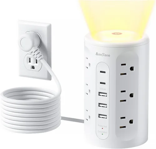 Vista 11 de Torre de tira de alimentación AnnTane con luz nocturna, tira de alimentación con protector de sobretensiones y puertos USB, cable de extensión de 10