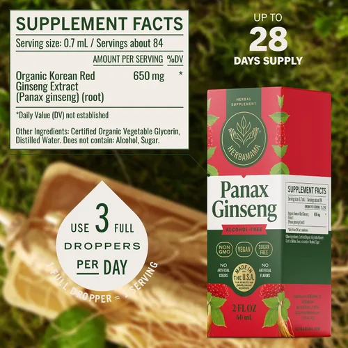 Vista 6 de HERBAMAMA Panax - Tintura de raíz de ginseng – Apoyo energético vegano con extracto de ginseng rojo coreano gotas líquidas – Suplemento de apoyo