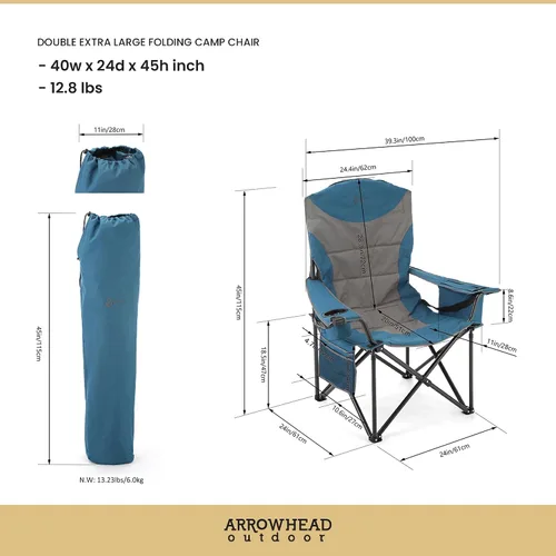 Vista 3 de ARROWHEAD OUTDOOR Paquete de 2 sillas de campamento plegables portátiles XXL de gran tamaño con soportes para vidrio y tazas, enfriador