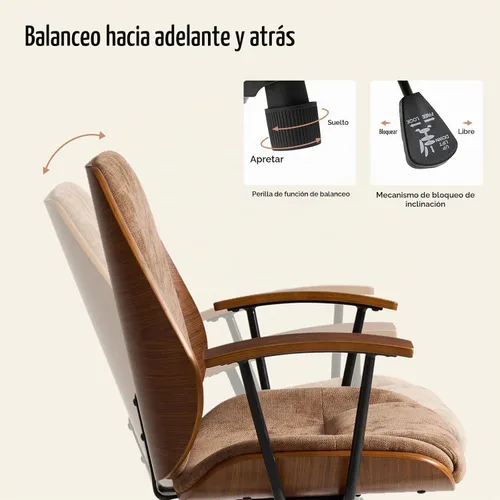 Vista 3 de HULALA HOME Silla de oficina de madera maciza con función mecedora, cómoda silla de escritorio de tela con base de madera doblada y metal, silla