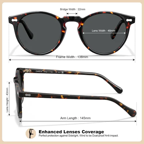 Vista 61 de CARFIA Gafas de sol polarizadas de acetato redondo para mujer, protección UV de cara pequeña con funda de cuero CA5288