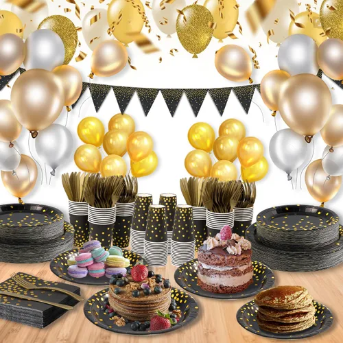 Vista 2 de Suministros de fiesta negros y dorados, 145 platos de papel, servilletas, cuchillos, tenedores, vasos, pancartas, para víspera de Año Nuevo 2026