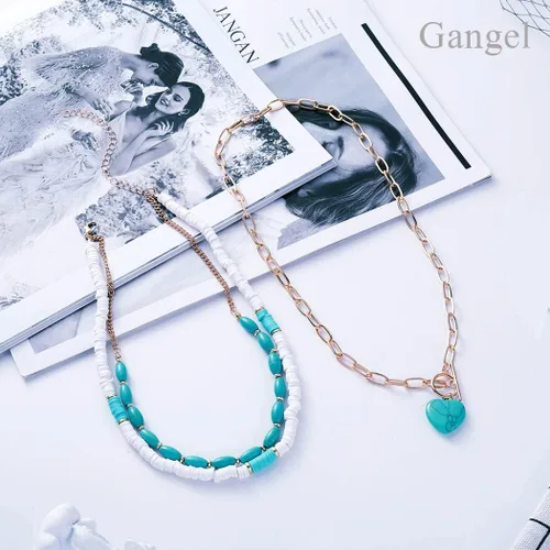 Vista 8 de Gangel Collar bohemio con forma de corazón, collares en capas de turquesa, gargantilla de surfista, collar de concha de puka, collar de playa