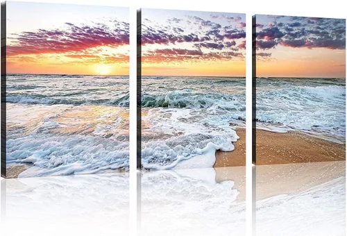 Vista 47 de TutuBeer 3 paneles de fotos de playa, arte de pared, diseño de mar azul, playa blanca al amanecer, imágenes impresas en lienzo, imágenes del océano
