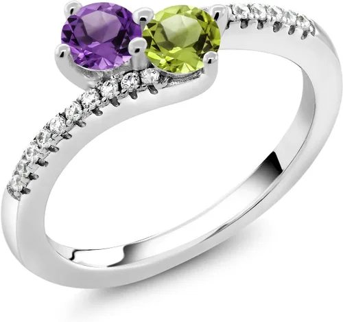 Vista 3 de Gem Stone King Anillo de derivación de dos piedras para mujer en plata de ley 925 Piedra natal redonda de 0.157 pulgadas y amatista púrpura Anillo