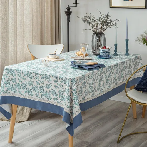 Vista 2 de GLORY SEASON Mantel rústico de tela de algodón sólido con bordes retro, manteles clásicos de lino con estampado de hojas de plantas, cubierta